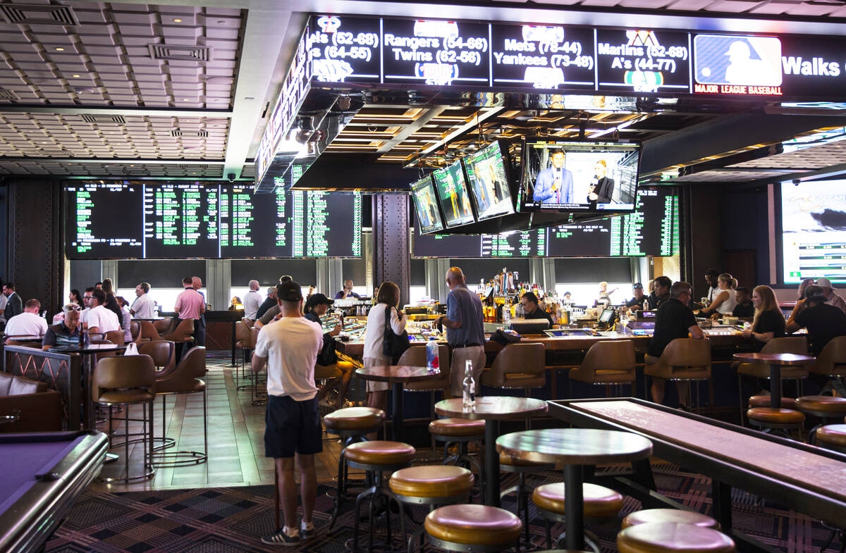 The BetMGM Sportsbook at The Cosmopolitan of Las Vegas on Monday, Aug. 22, 2022, in Las Vegas. ...