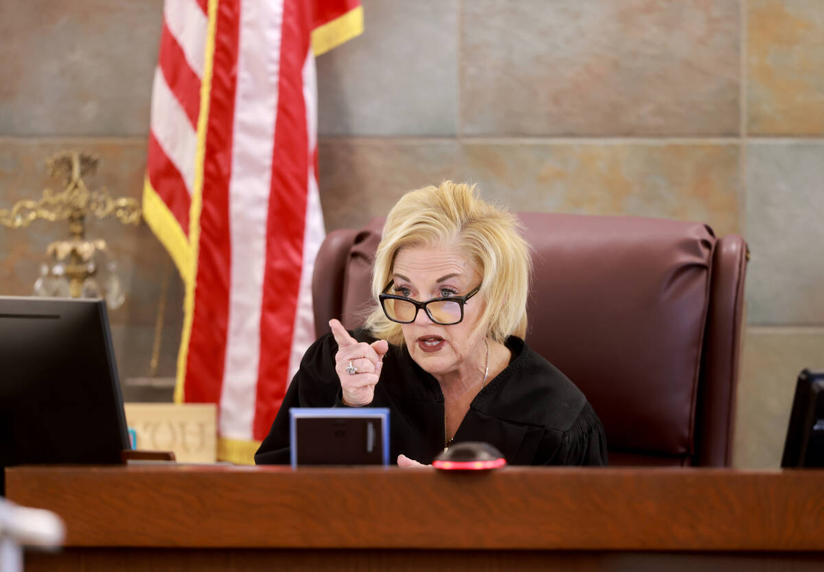 District Judge Michelle Leavitt presides in court during the murder trial for Robert Telles at ...