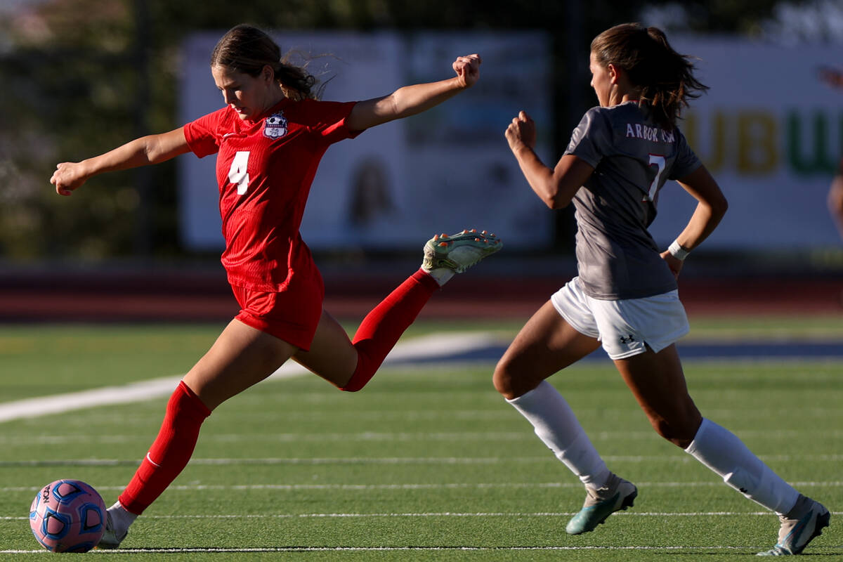 Coronado defender Ella Schultz winds up for a kick against Arbor View midfielder Layla Lindsey ...