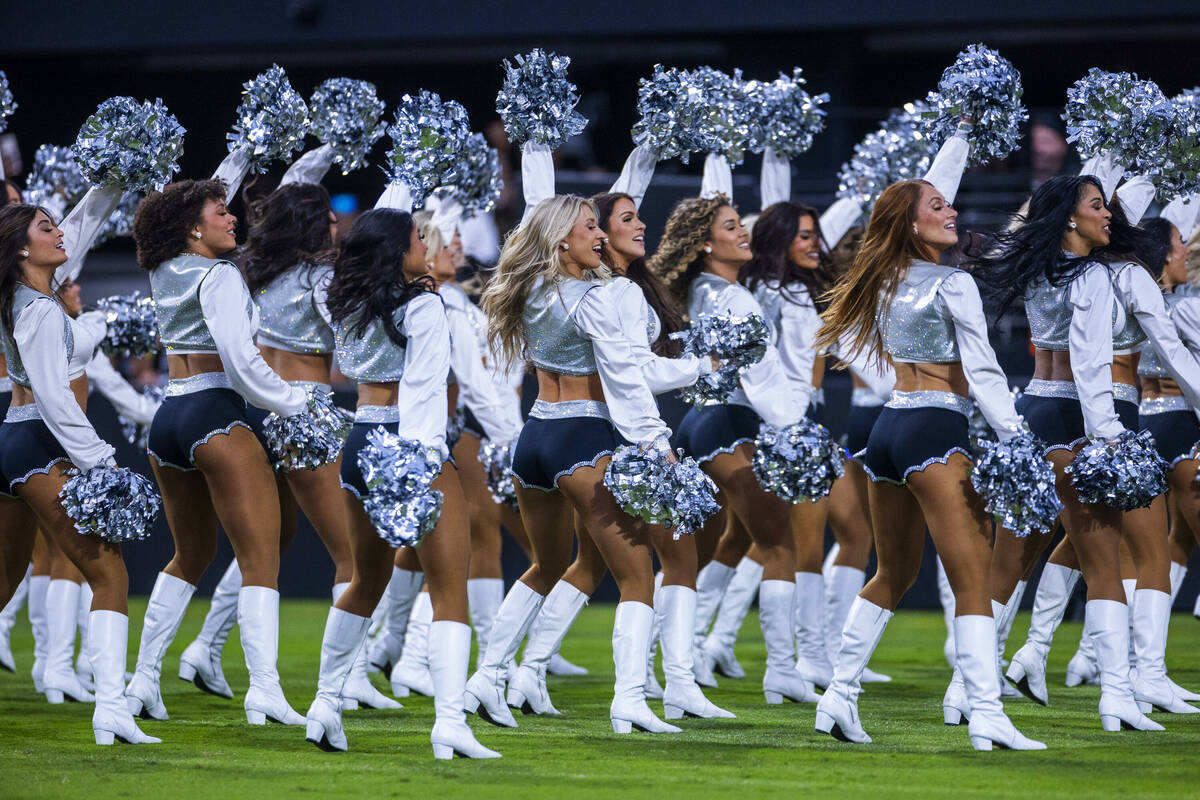 The Raiderettes perform for the fans during an open practice at Allegiant Stadium on Tuesday, A ...