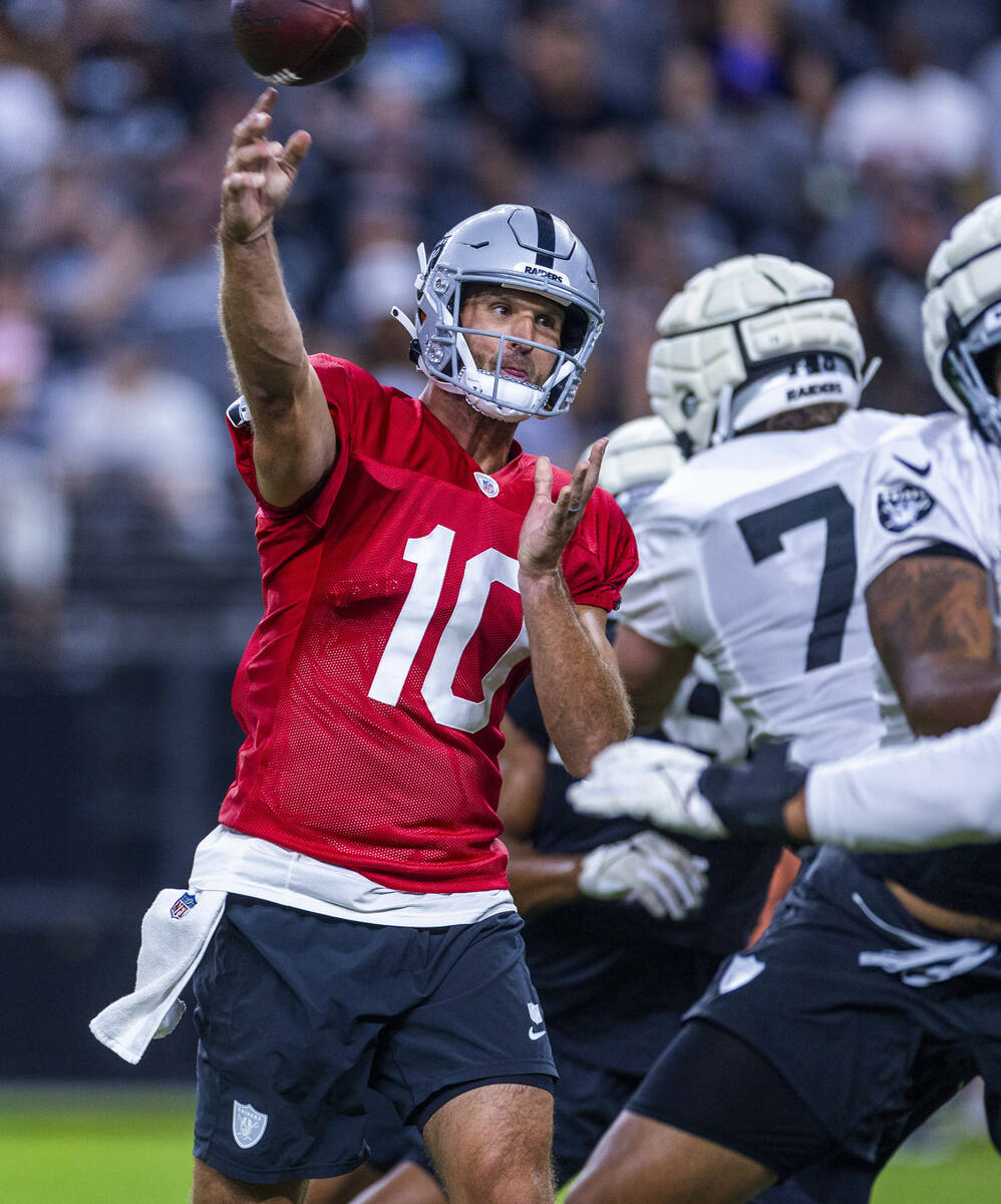 Raiders quarterback Nathan Peterman (10) gets off a pass during an open practice at Allegiant S ...