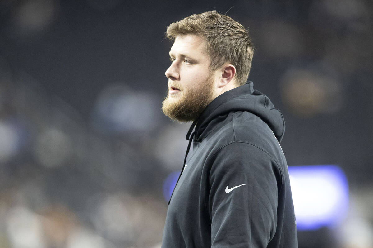 Raiders offensive tackle Kolton Miller on the field before an NFL game against the Los Angeles ...