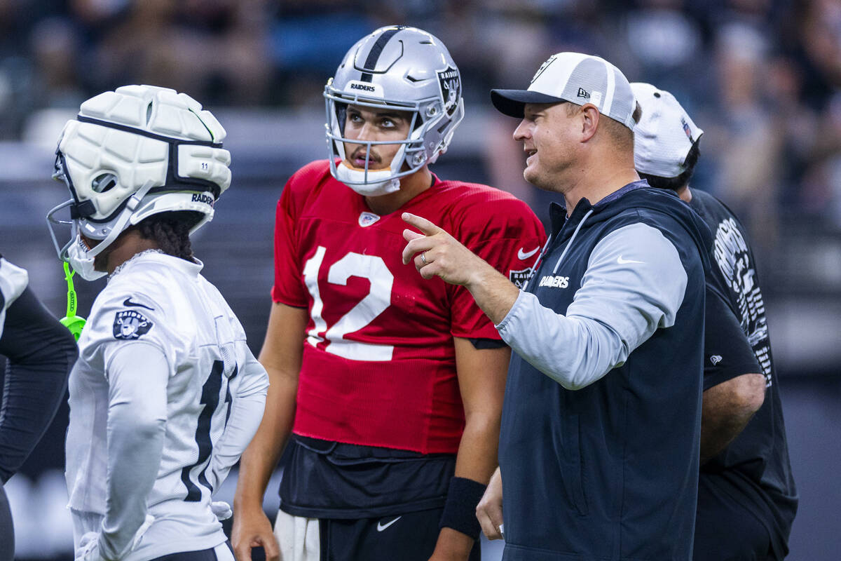 Raiders quarterback Aidan O'Connell (12) listens to offensive coordinator Luke Getsy during an ...