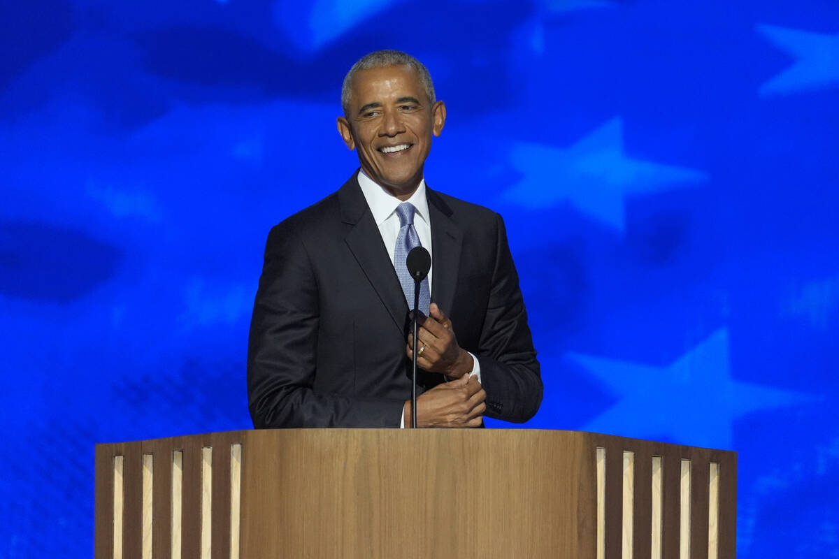 Former President Barack Obama speaking at the Democratic National Convention Tuesday, Aug. 20, ...