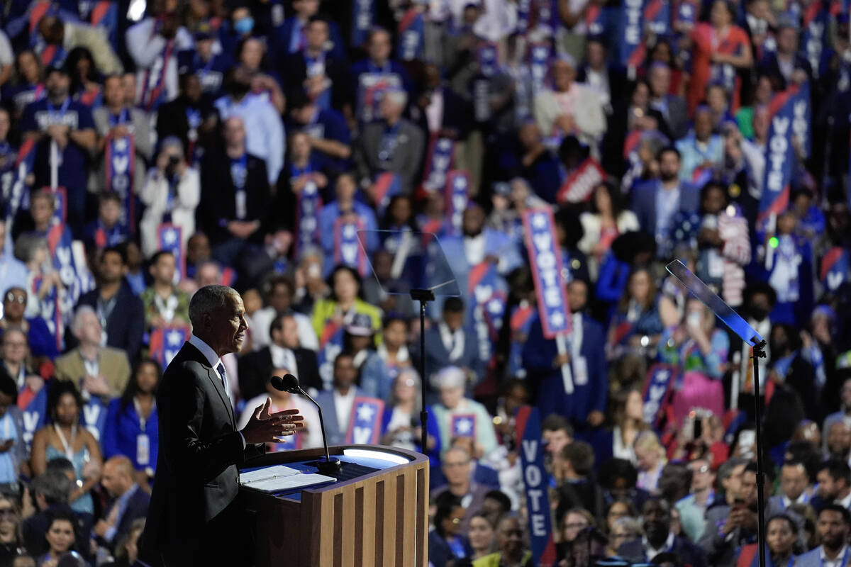 Former President Barack Obama speaks during the Democratic National Convention Tuesday, Aug. 20 ...