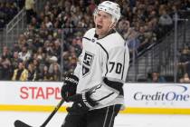 Los Angeles Kings left wing Tanner Pearson (70) celebrates after teammate Paul LaDue (38) score ...