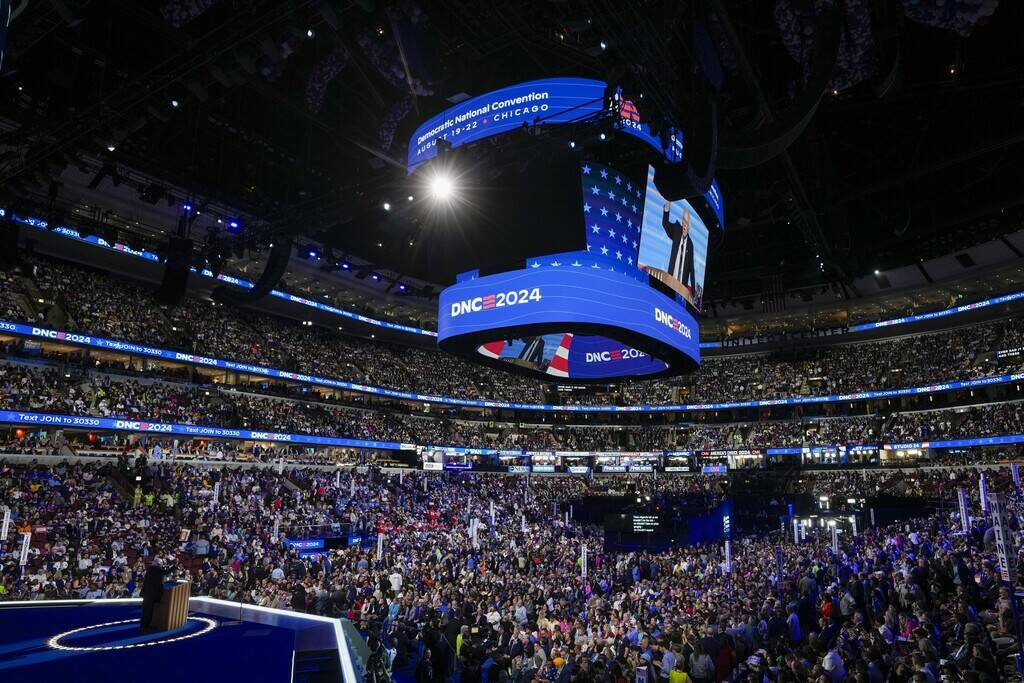 Sen. Bernie Sanders, I-VT., speaks during the Democratic National Convention Tuesday, Aug. 20, ...