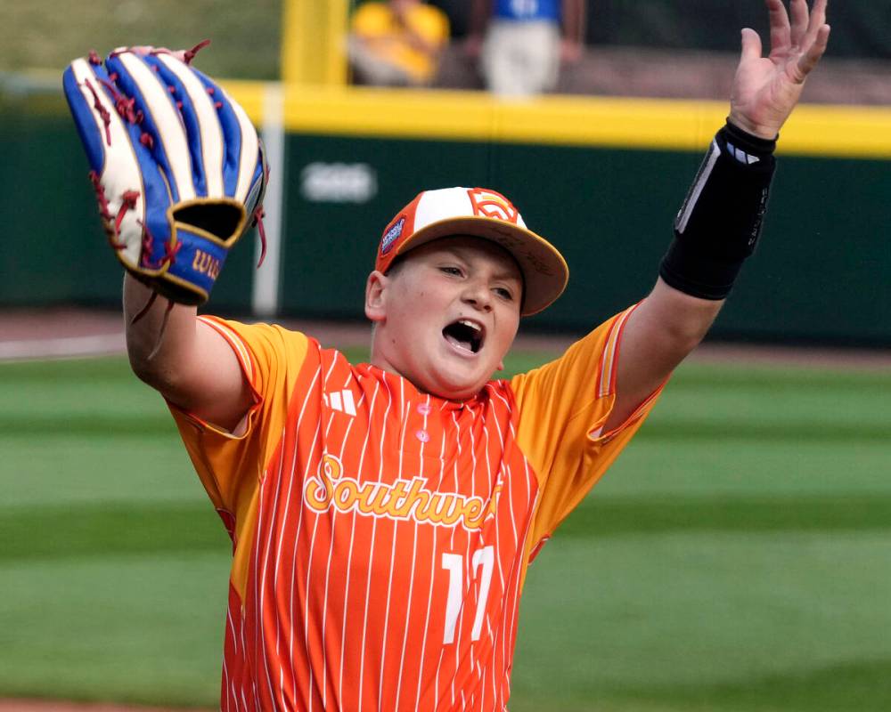 Boerne, Texas' Cooper Hastings (17) celebrates after getting the final out of a baseball game a ...