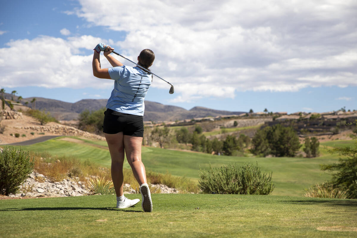 Liberty’s Portlynn Stacey competes during the 5A Desert League girls golf match at The R ...