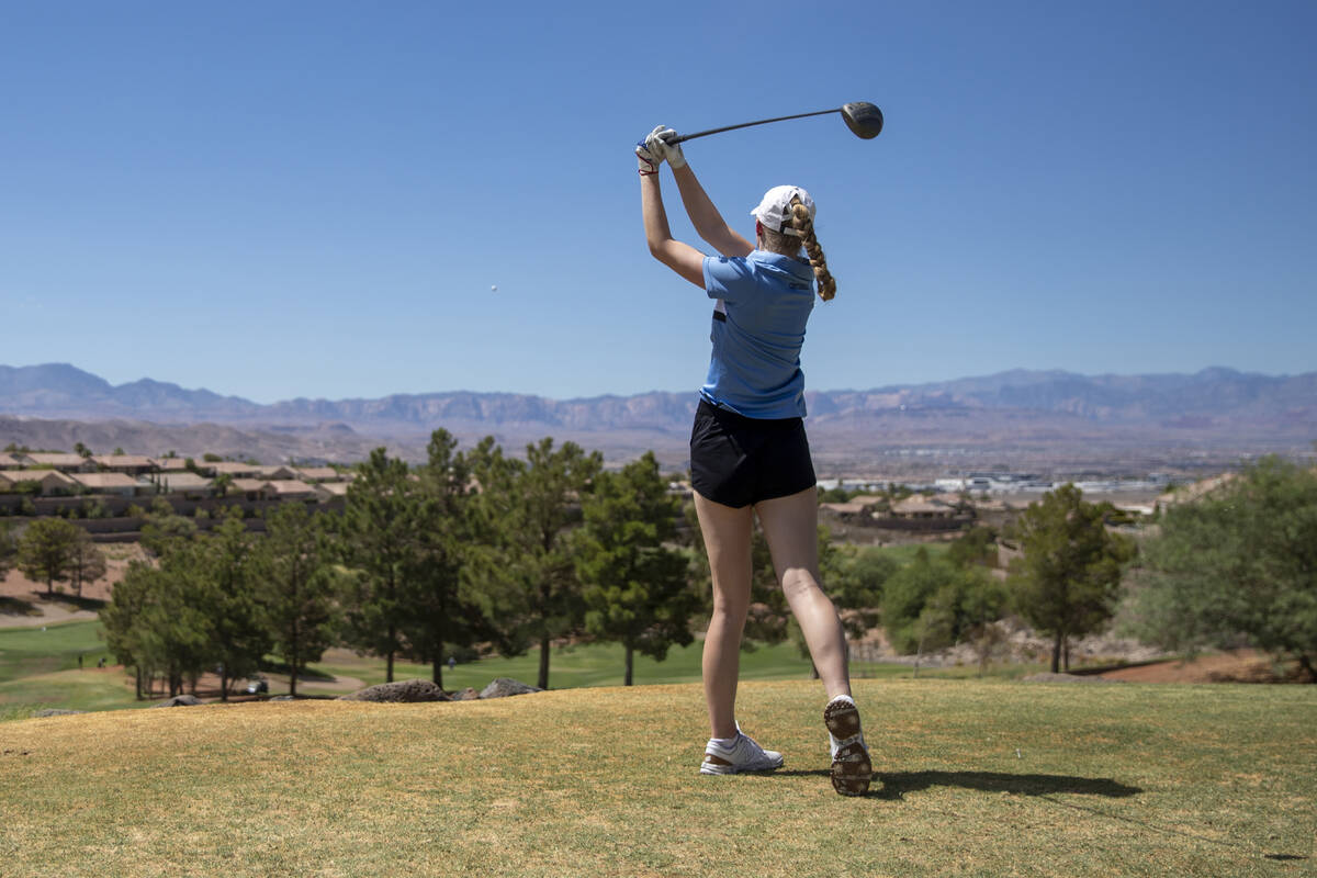 Centennial’s Isabel Kline drives the ball during the 5A Desert League girls golf match a ...