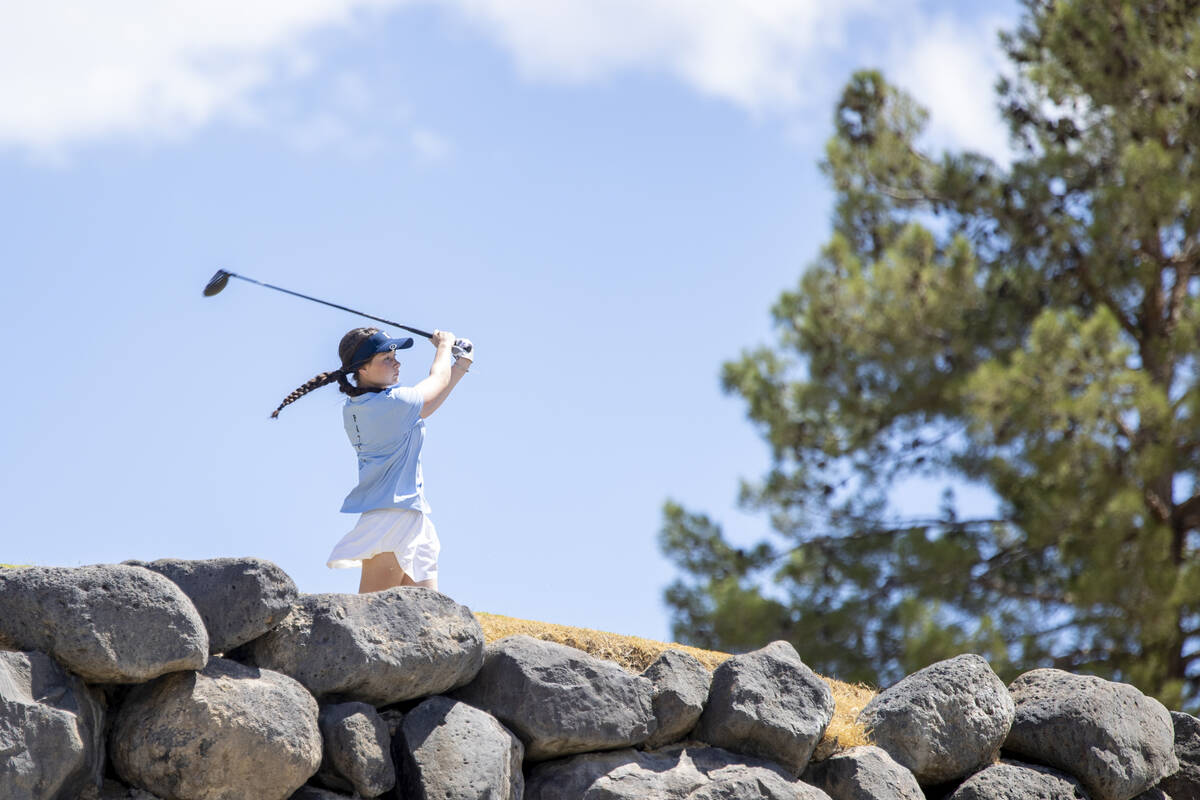 Liberty’s Claire Ackerman watches her ball drive down the fairway during the 5A Desert L ...