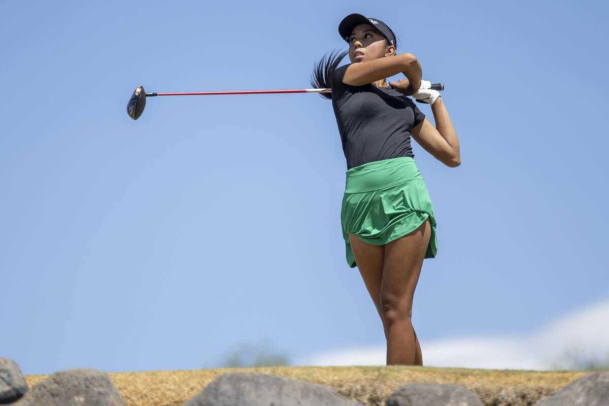 Palo Verde’s Ava Patag watches her ball drive down the fairway during the 5A Desert Leag ...