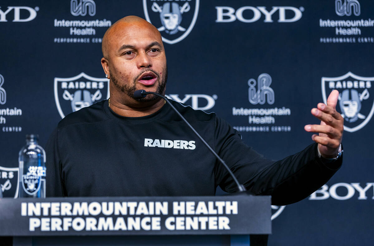 Raiders head coach Antonio Pierce speaks at the Intermountain Health Performance Center on Wedn ...