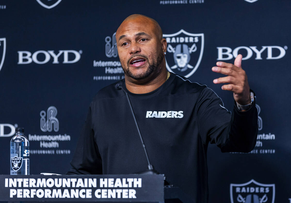 Raiders head coach Antonio Pierce speaks at the Intermountain Health Performance Center on Wedn ...