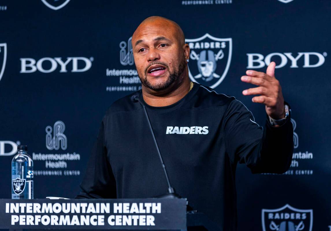 Raiders head coach Antonio Pierce speaks at the Intermountain Health Performance Center on Wedn ...