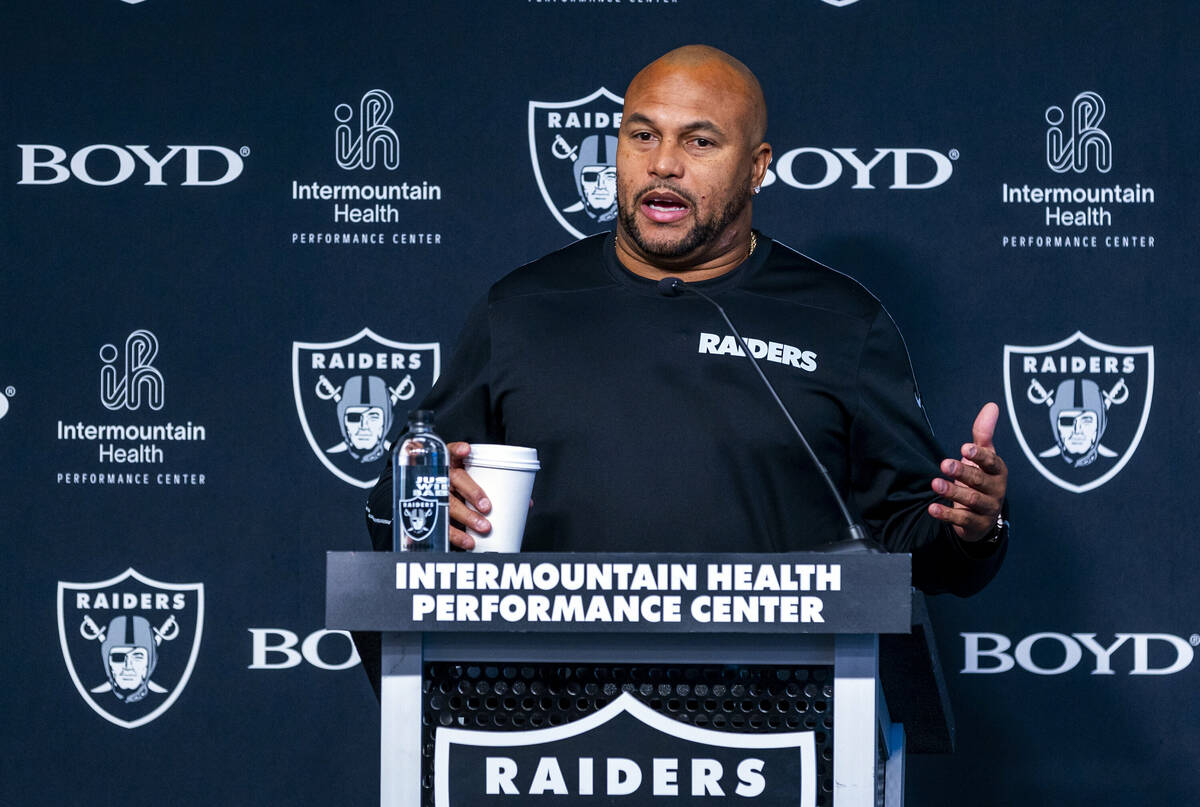 Raiders head coach Antonio Pierce speaks at the Intermountain Health Performance Center on Wedn ...