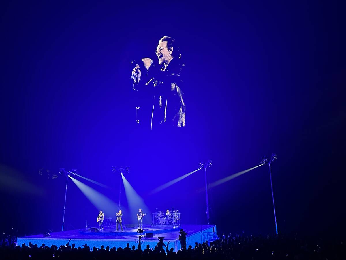 U2 is shown during the premiere of "U2 UV: Achtung Baby" at the Sphere on Friday, Sept. 29, 202 ...