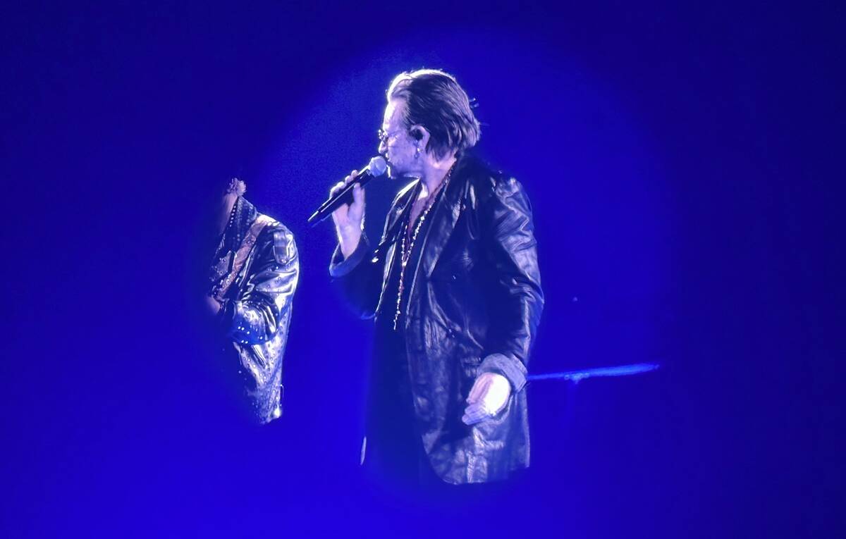 U2 is shown during the premiere of "U2 UV: Achtung Baby" at the Sphere on Friday, Sept. 29, 202 ...