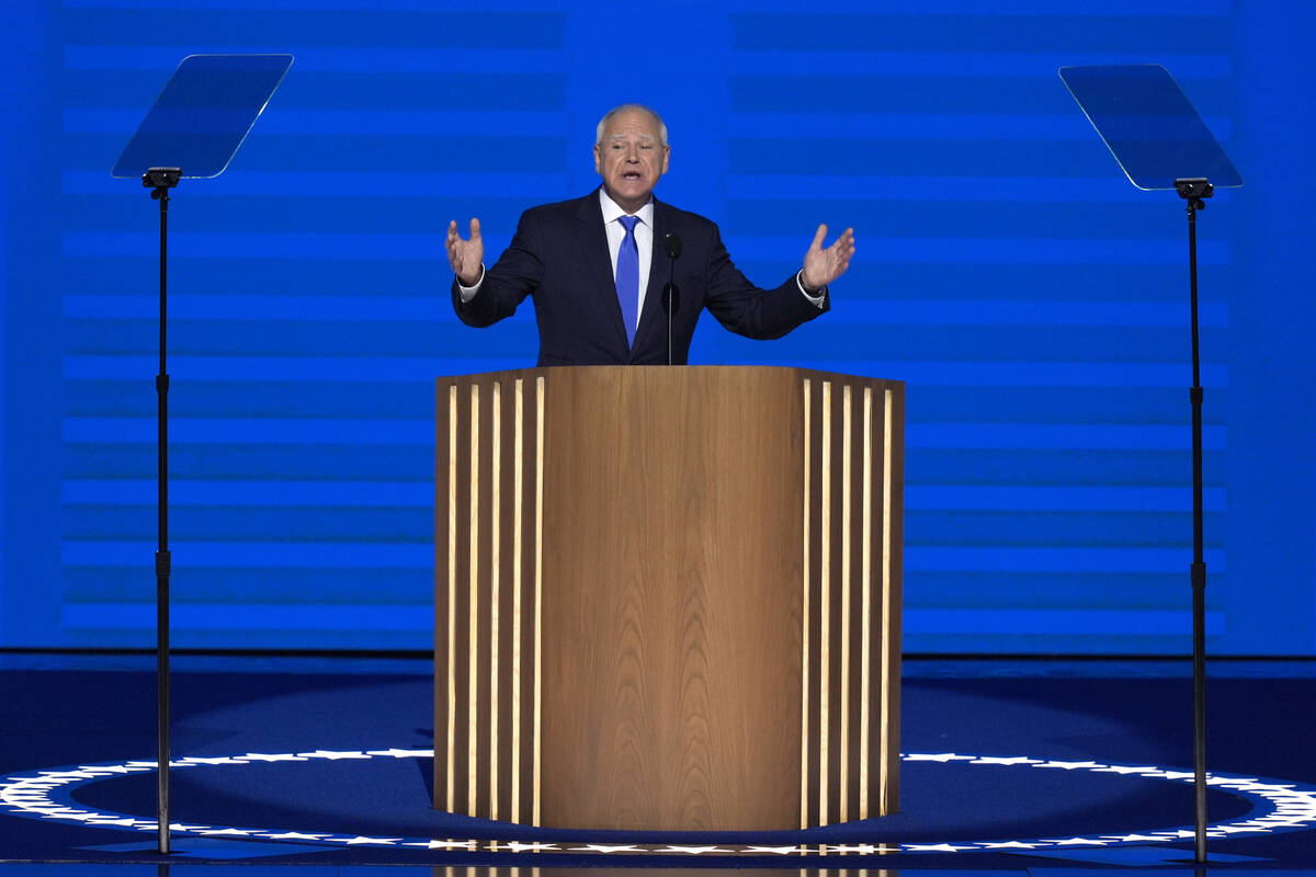 Democratic vice presidential nominee Minnesota Gov. Tim Walz speaks during the Democratic Natio ...