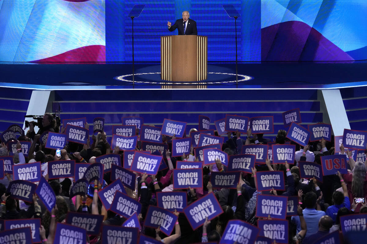 Democratic vice presidential nominee Minnesota Gov. Tim Walz speaks during the Democratic Natio ...