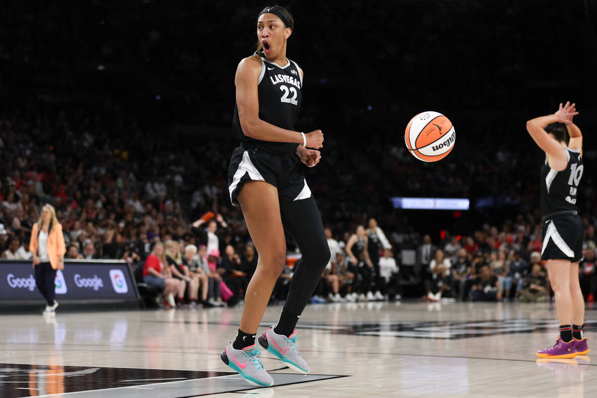 Las Vegas Aces center A'ja Wilson (22) reacts after a foul was called on the Aces during the fi ...