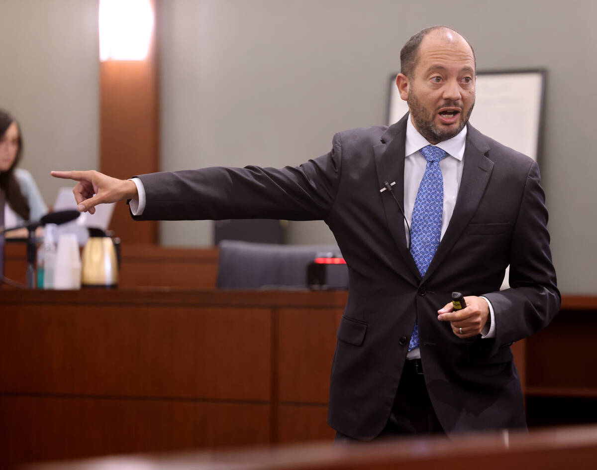 Chief Deputy District Attorney Christopher Hamner gives his closing argument during Robert Tell ...