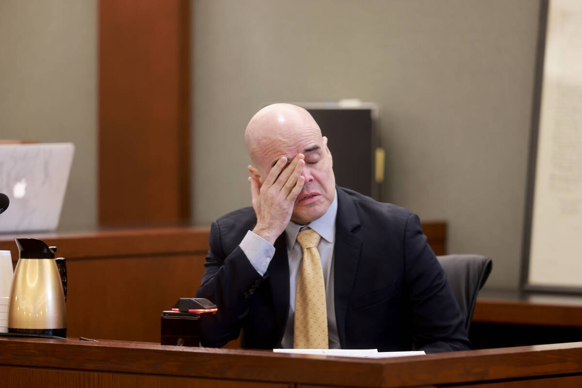 Robert Telles gets emotional during his narrative on the witness stand on the ninth day of his ...