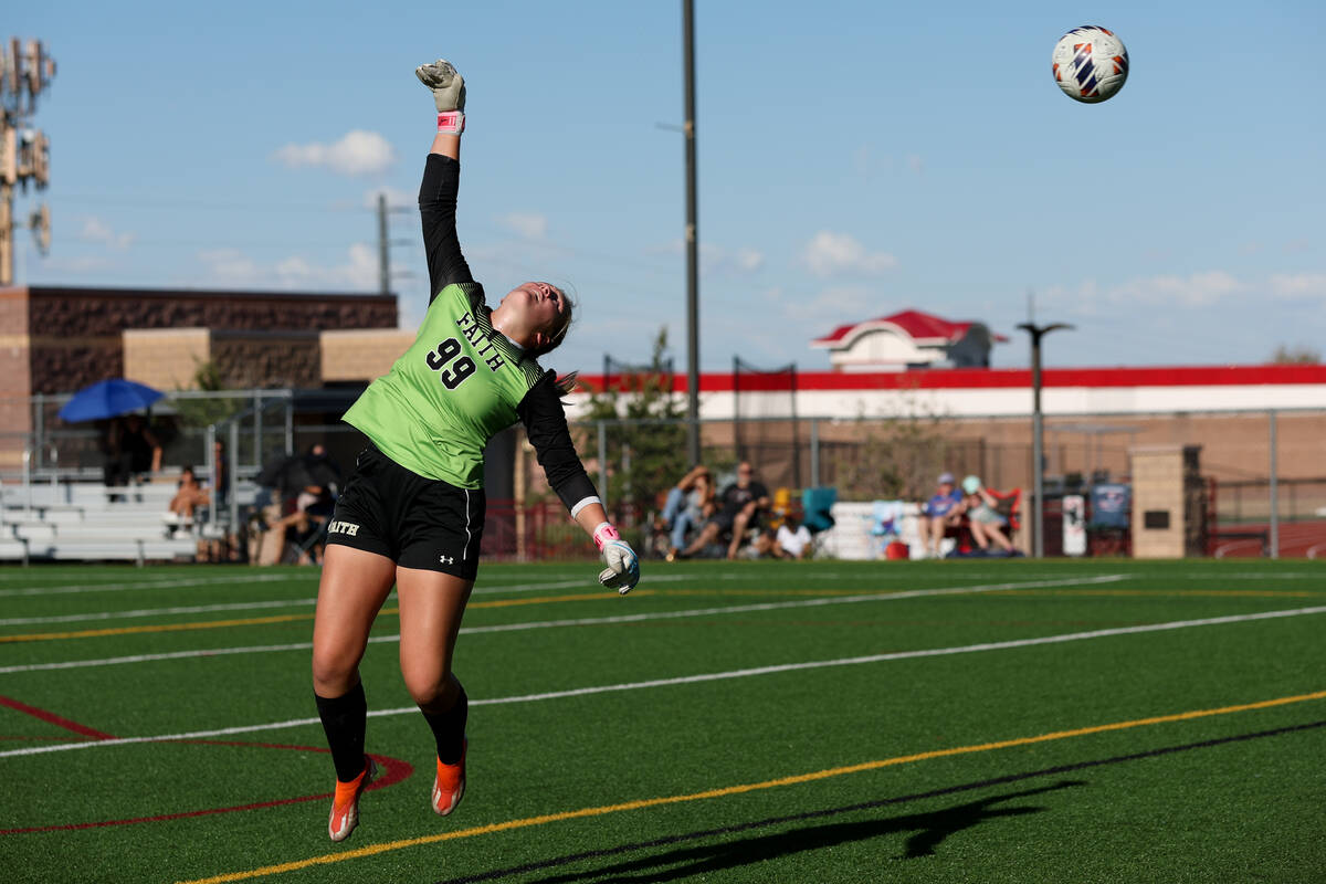 Faith Lutheran goalkeeper Olivia Petty misses the save on a Bishop Gorman goal during a high sc ...