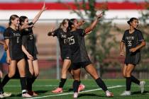 Faith Lutheran celebrates their goal during a high school soccer game against Bishop Gorman on ...