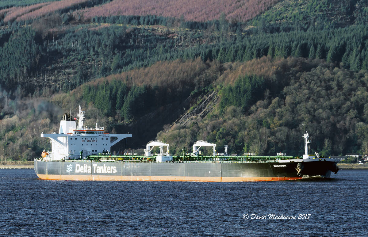 The Greek-flagged oil tanker Sounion is seen heading into the Finnart Ocean Terminal in the Uni ...