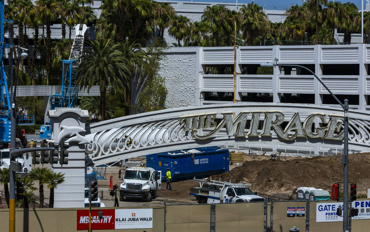 The entrance still remains for now as demolition continues at the Mirage on Thursday, Aug. 22, ...