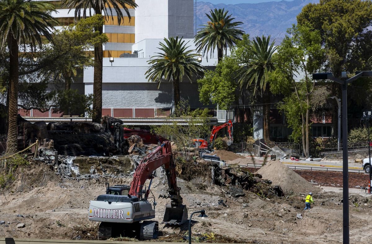 The volcano area is deconstructed as demolition continues at the Mirage on Thursday, Aug. 22, 2 ...