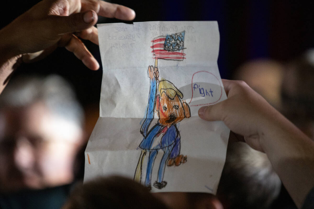 A child’s drawing of Republican presidential nominee former President Donald Trump is pa ...