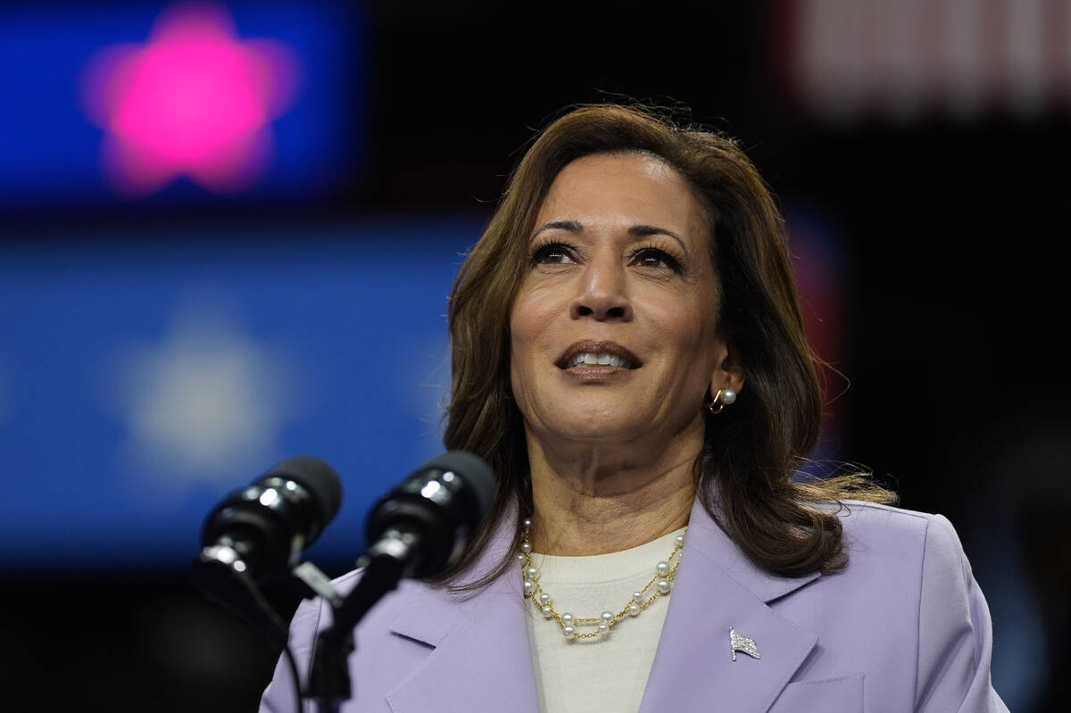 Democratic presidential nominee Vice President Kamala Harris speaks at a campaign rally, Saturd ...