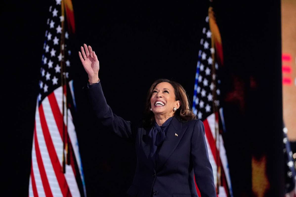 Democratic presidential nominee Vice President Kamala Harris speaks during the Democratic Natio ...