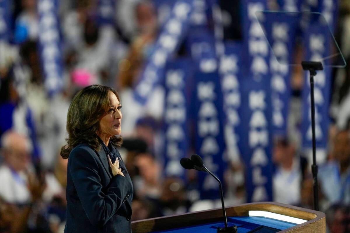 Demoratic presidential nominee Vice President Kamala Harris speaks during the Democratic Nation ...