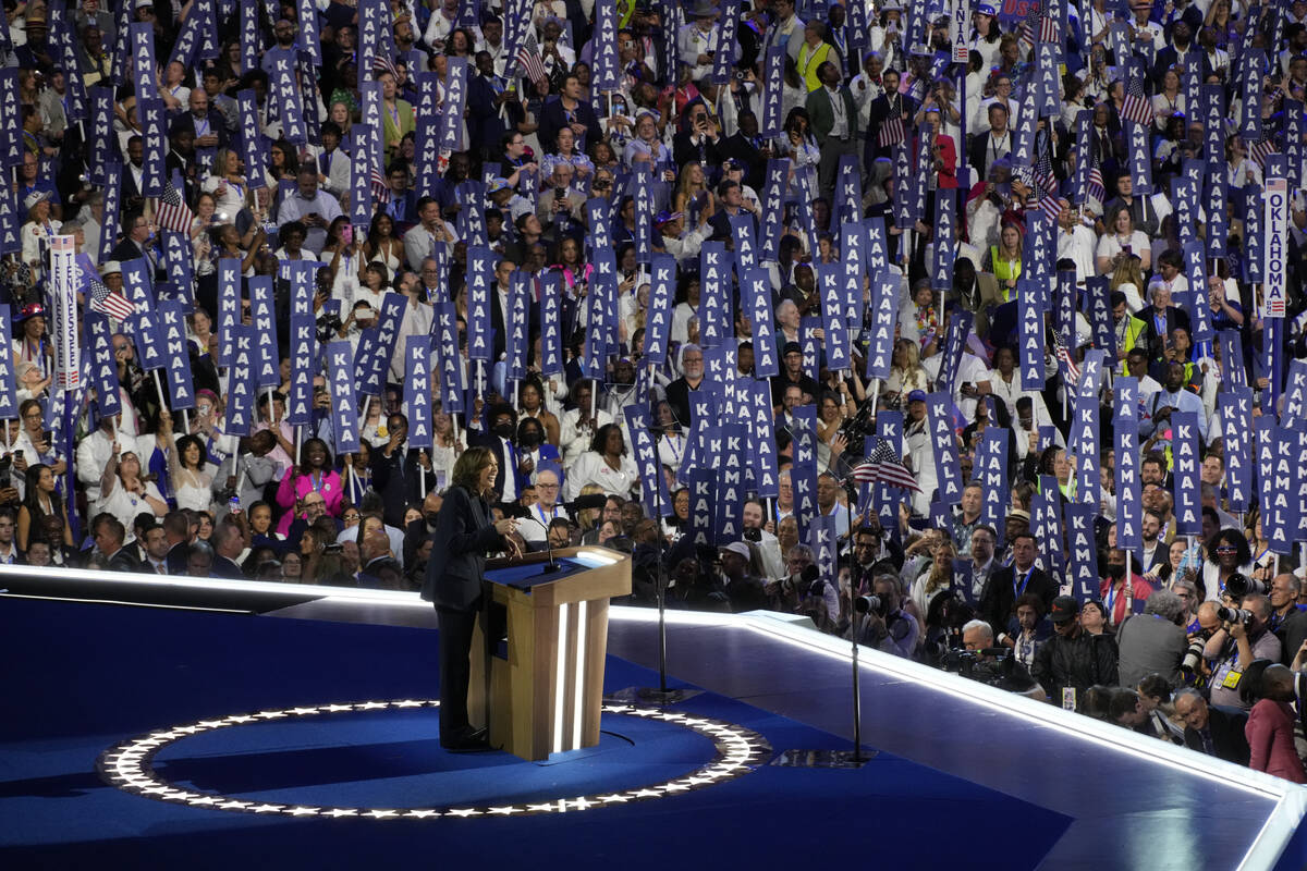 Demoratic presidential nominee Vice President Kamala Harris speaks during the Democratic Nation ...