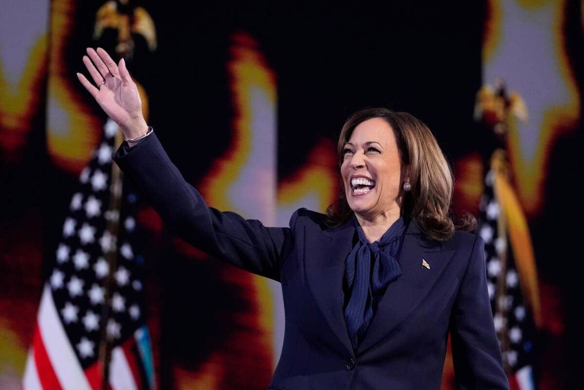 Democratic presidential nominee Vice President Kamala Harris speaks during the Democratic Natio ...