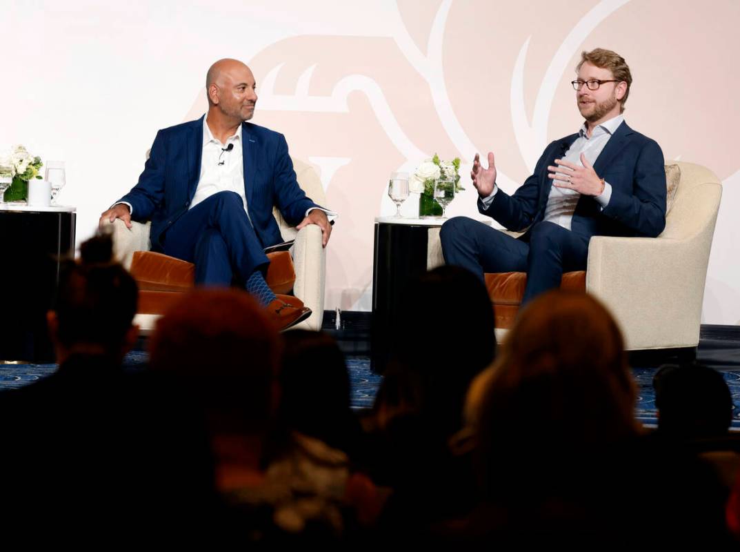 Patrick Nichols, right, CEO of the Venetian Resort Las Vegas Vegas, speaks as Tony Yousfi, chie ...