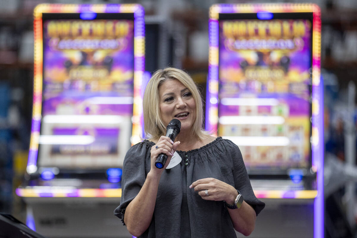 Henderson Mayor Michelle Romero speaks during the opening of the new Aristocrat Gaming™ ...