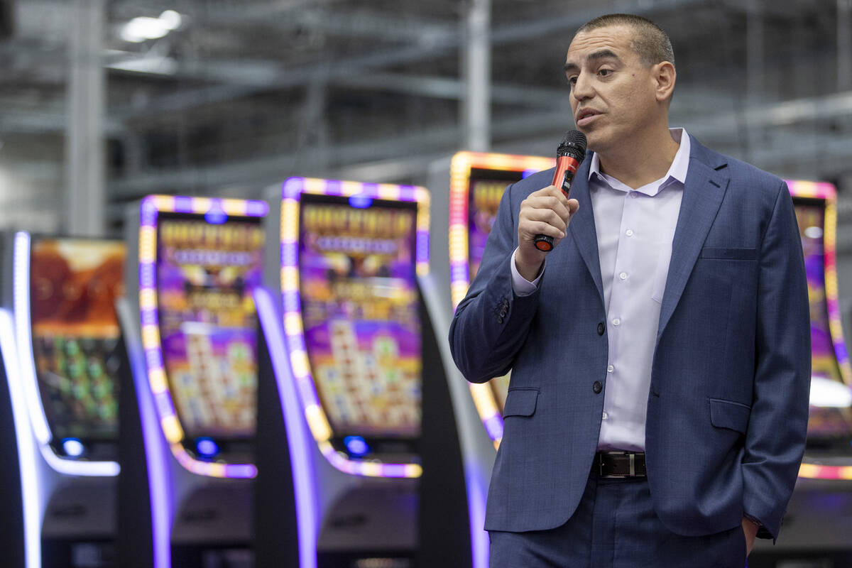 Aristocrat Gaming™ CEO Hector Fernandez speaks during the opening of the new manufacturi ...