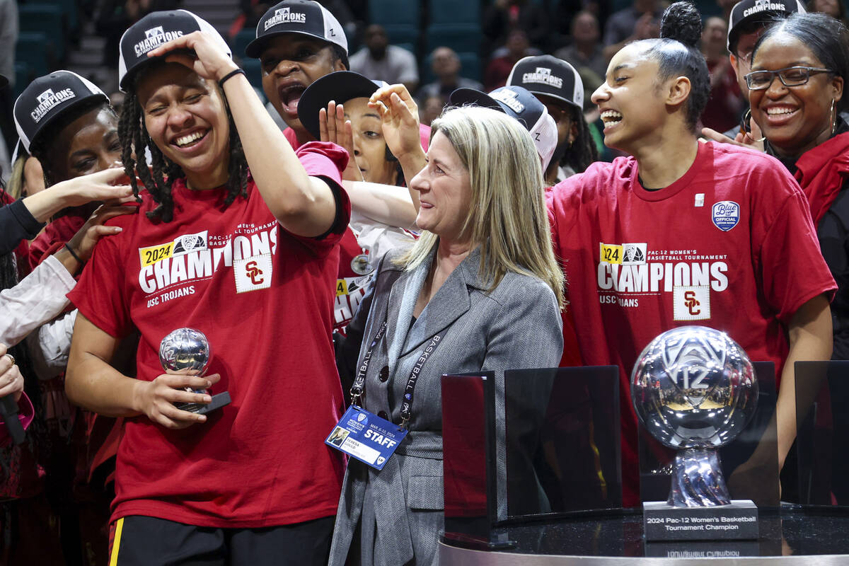 Southern California's McKenzie Forbes reacts after being presented the Pac-12 tournament Most V ...