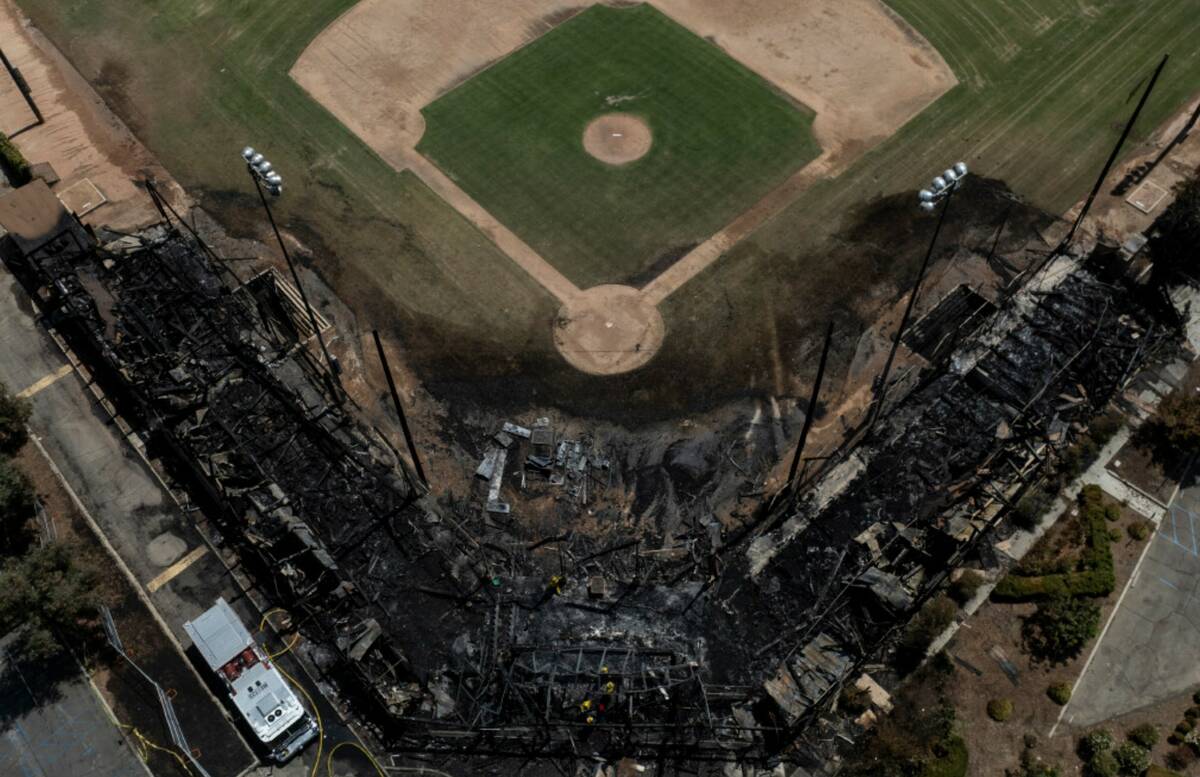 An aerial view shows the aftermath of a fire at Jay Littleton Ball Park, a historic baseball fi ...