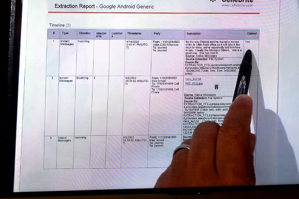 Defense attorney Robert Draskovich shows a report from the phone of Robert Telles during testim ...