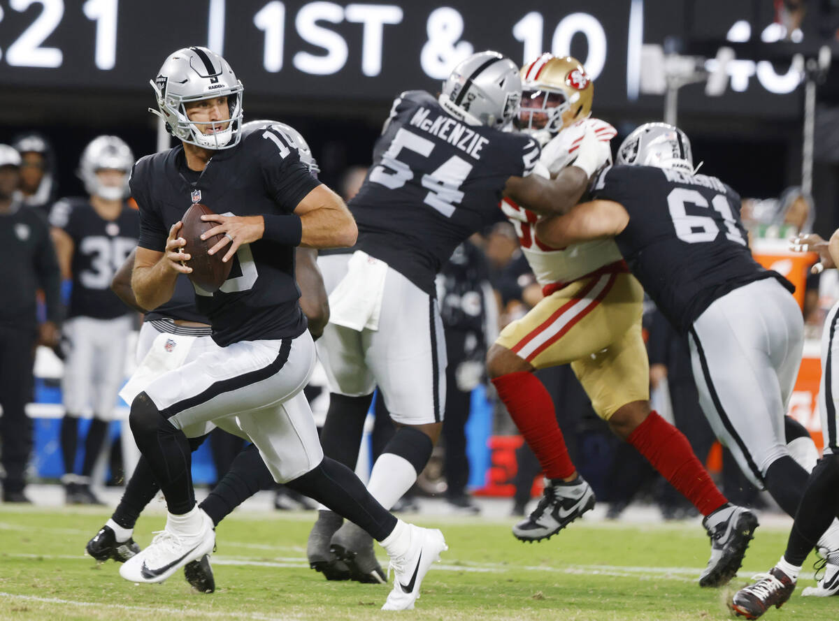 Raiders quarterback Nathan Peterman (10) runs with the ball against San Francisco 49ers during ...