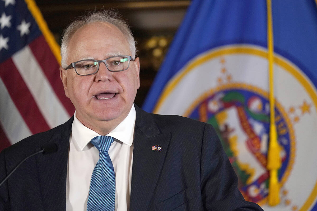 Minnesota Gov. Tim Walz speaks to the media, Nov. 9, 2022, in St. Paul, Minn. (AP Photo/Abbie P ...