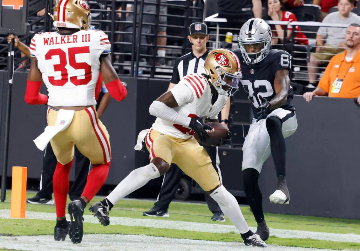 San Francisco 49ers cornerback Darrell Luter Jr. intercepts the ball intended to Las Vegas Raid ...