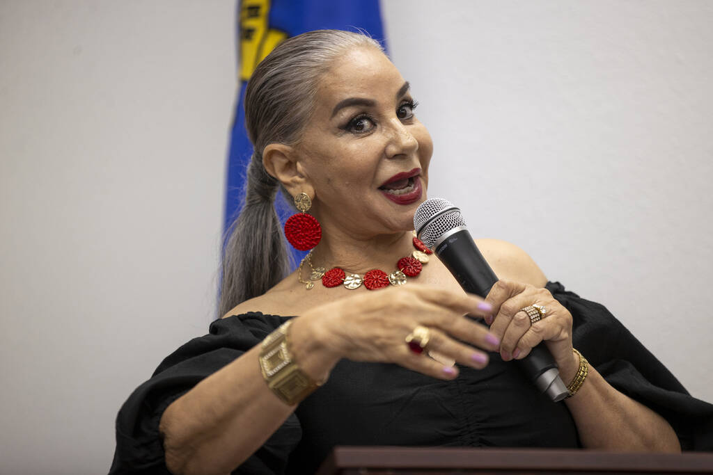 Noemi Quintero, Cesar Chavez’s niece, speaks during the unveiling of the bust sculpture ...