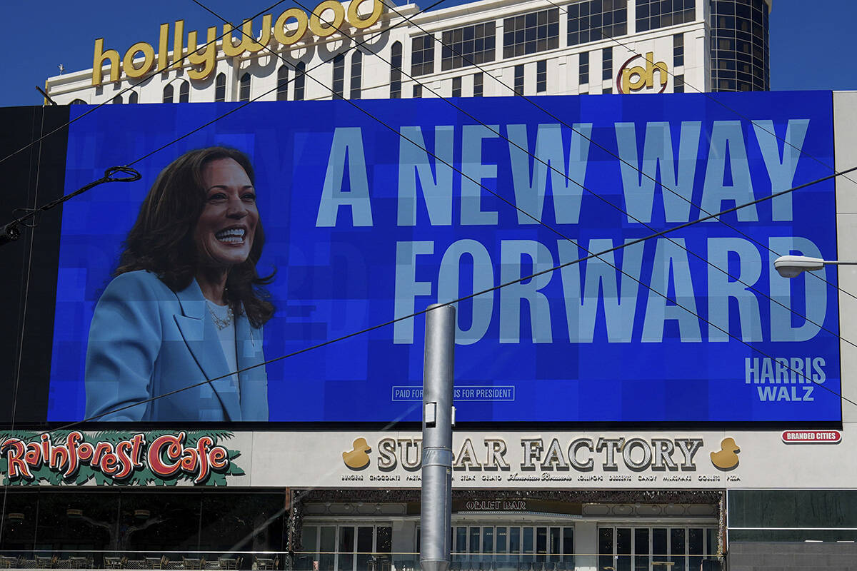 A billboard displays an advertisement for Democratic presidential nominee Vice President Kamala ...