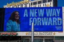 A billboard displays an advertisement for Democratic presidential nominee Vice President Kamala ...